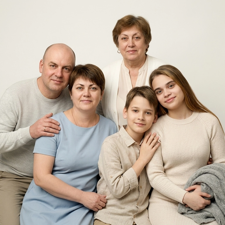 use this/these photos

Выберите стиль фото: : Кадр из профессиональной фотосессии в студии, где запечатлен момент семейный близости . Сделай так, чтобы все они смотрелись гармонично и трогательно. Люди одеты в светлые образы, подходящие по стилю фотосессии. Женщины в платьях. Освещение холодное. Фон светлый, бесшовный. Фото в стиле Энни Лейбовиц, четкий фокус. Люди смотрят в камеру с мягкой улыбкой.  Средний план.