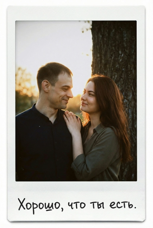 Портрет пары в мягком золотом вечернем свете, они влюбленно смотрят друг на друга у дерева, спокойный, тёплый, естественный. Ее рука у мужчины на плече. Фото оформлено в виде полароидного снимка: белые широкие поля, характерная матовая текстура, лёгкая виньетка, зернистость. На нижнем поле — короткая надпись маркером рукописным шрифтом. Текст на полароиде: Хорошо, что ты есть.