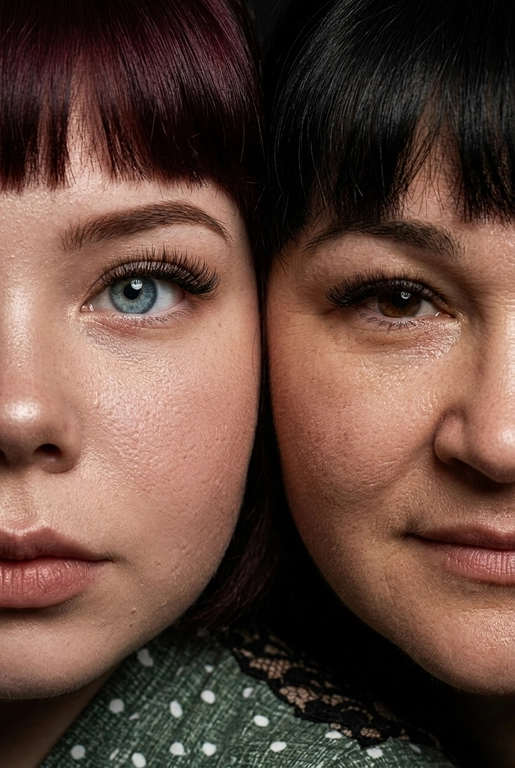 создай портрет, не меняя черты лица. Крупный план (extreme close-up) двух лиц людей, их лица прижатых друг к другу. Видны только половины каждого лица.
Драматичное освещение в стиле чиароскуро, глубокие тени.
Невероятная детализация кожи: видны поры, текстура, естественный блеск у женщины.
Выразительный взгляд прямо в камеру. Высокое разрешение, макросъемка, профессиональное студийное фото, 8K.