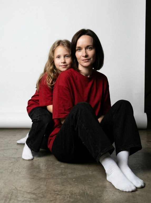 Гиперреалистичная фотография. Качество 8К. Используя портретное сходство с людьми с фотографий, создай фотографию: женщина в красной оверсайз свободной футболке и свободных черных джинсах, белых носках. Ребенок одет в красную оверсайз футболку, черные свободные джинсы и белые носочки. Женщина сидит на полу, согнув колени, смотрит прямо в кадр с еле заметной улыбкой. Сзади женщины в такой же позе сидит ребенок облокотившись спиной к спине женщины, с легкой улыбкой. Темный стиль модного редакционного журнала, глубокие тени и драматическое студийное освещение, белый фон, элегантная и мощная композиция, ультрареалистичный, высокая детализация, художественный портрет.
