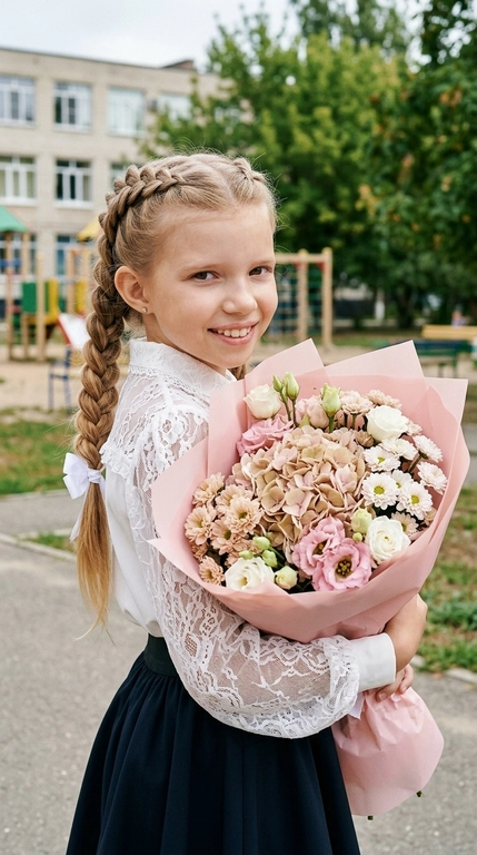 Не меняй внешность с фото ребенок стоит на улице в профиль, повернув голову через плечо к камере и глядя прямо в объектив с милой улыбкой. Обеими руками она прижимает к груди большой букет цветов. Снимок сделан от талии и выше, под углом на уровне глаз, в центре композиции. Основное внимание уделяется лицу. В руках большой, пышный букет, завернутый в нежно розовую оберточную бумагу. В букете нежные гортензии, эустомы и ромашковые хризантемы (розовых, бежевых и белых оттенков). На заднем плане видна школа. Дневной свет, зернистость формат. Высокая детализация, живой кадр, 8К.   

Пол ребенка?: На девочке нарядная белая блузка с кружевными деталями и объемными рукавами, темная пышная юбка; волосы красиво собраны в две длинные и объемные вывернутые французские косы с белыми лентами на концах. В ушах маленькие серьги-гвоздики. 

Причёска у девочки: Волосы красиво собраны в две длинные и объемные вывернутые французские косы с белыми лентами на концах. 

Доп. характеристики: Не накладывать на девушку макияж, не изменять черты лица девушек.