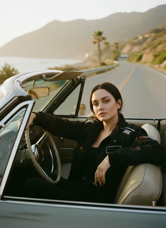 Лицо оставить строго без изменений женщина в кабриолете в гоночной куртке и чёрном топе; поза: слегка откинута назад, левый локоть на руле, правая рука опирается на дверцу, туловище чуть повернуто к камере, голова слегка наклонена; золотой час, тёплый кинематичный свет, отражения пальм на лобовом стекле, плёночная зернистость, shallow depth of field, 35mm, натуральные тона, вертикальная композиция. легкий нюдовый глэм макияж. черты лица сохрани без изменений от исходного фото