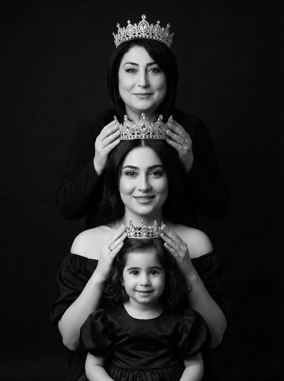 Это студийный портрет, выполненный в драматичном черно-белом стиле. Фон черный. В кадре три женщины разного возраста: две женщины и один ребёнок. Они расположены вертикально друг над другом, образуя «башню». Каждая женщина одета в темную одежду, у всех одежда разного стиля. Верхняя женщина в топе с длинными рукавами, у нее корона на голове . Следующая в платье с открытыми плечами. И ребёнок в платье с рукавами-фонариками.
У каждой на голове корона, которую предыдущая женщина держит руками. Все смотрят в камеру с нежным выражением лица, с лёгкой улыбкой Освещение мягкое, акцент сделан на лицах. Цветовая гамма монохромная, с преобладанием черного и серебристого (от корон). Атмосфера торжественная и немного загадочная. Не меняй черты лица, цвет волос и цвет глаз.

