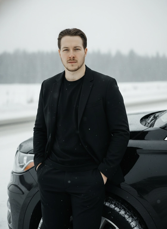Создайте гиперреалистичное близкий портрет мужчины, облокотившегося спиной о чёрный дорогой внедорожник в зимнюю погоду. Он смотрит в камеру Его руки в карманах
Мужчина одет в стильный чёрный комплект, который сочетает элементы спортивного и классического стиля: чёрная куртка с минималистичным дизайном, слегка обтягивающая фигуру, и брюки, которые идеально сидят по фигуре, с утонченным, слегка спортивным кроем. Внутри куртки видна черная  футболка
Его лицо серьёзное, с лёгким акцентом на силуэт и выражение уверенности. Освещение холодное и мягкое, с небольшими снежинками, которые едва видны в воздухе, создавая атмосферу зимней свежести. Формат 9:16

