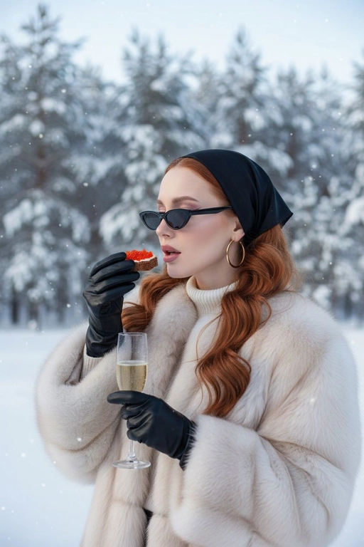 Создай портрет, не меняя черты лица. Элегантная женщина в стиле «Slavic Girl» позирует на фоне заснеженного зимнего леса. На ушах золотые серьги круглой формы, золотого цвета.  Она одета в роскошную объемную шубу из светлого меха, белый свитер с высоким горлом, черную повязку на голову и стильные черные узкие солнцезащитные очки. Ракурс в полупрофиль. На руках — черные кожаные перчатки. В одной руке она держит бокал игристого шампанского, а другой ест бутерброд с красной икрой. Атмосфера роскоши, зимняя эстетика, мягкое естественное освещение, высокое качество, реализм. Ее волосы с укладкой локонами