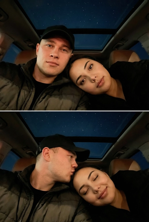 Создай вертикальный коллаж из двух фотографий в одном стиле.
Обе фотографии сняты внутри автомобиля, а через стеклянную крышу видно темное звёздное небо. Фото темное, снято на телефон, Атмосфера тёплая, уютная и романтичная. Фотографии должны быть реалистичными, с мягким освещением, естественными оттенками кожи и одинаковой цветокоррекцией на обеих частях коллажа.
Верхнее фото:
POV селфи: пара лежит рядом, крупный план. Мужчина в тёмной куртке и чёрной бейзболке смотрит в камеру. Женщина лежит, опираясь головой на его плечо, тоже смотрит в камеру. Мягкий свет на лицах, спокойные выражения.Акцент на лица.
Нижнее фото:
Та же композиция и ракурс. POV селфи: Мужчина нежно целует женщину в висок, женщина закрывает глаза с лёгкой улыбкой. Крупный план, фокус на эмоциях. Акцент на лица.