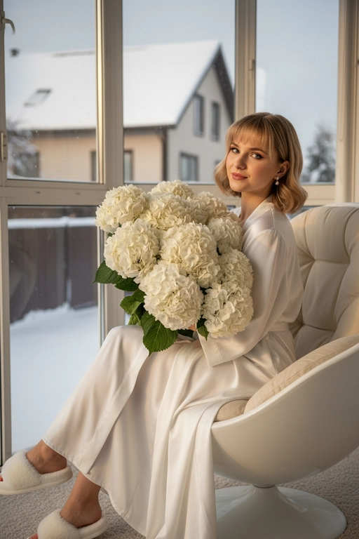 Гиперреалистичная фотография женщины, зима, сидящей полубоком на закрытой веранде с видом на дом в кресле коконе белом и держащей в руках очень большой, пышный букет, состоящий из множества белых цветов — круглых, густых, многоцветковых, с пышными соцветиями и зелеными листьями. Букет объемный, он явно состоит из десятков отдельных гортензий, а не из единого бутона. в ушах маленькие красивые серьги. ногти молочного цвета. Волосы с аккуратной легкой укладкой. 
На ней халат шелковый как кимоно в пол на ногах пушистые тапки.
Ее макияж выполнен в стиле мягкого глэма: сияющая кожа. Она позирует в полупрофиль.
Золотистый естественный свет проникает сбоку, отбрасывая резкие, но мягкие тени на складки ткани . Цвет халата - белый, цвет тапок - белый 
