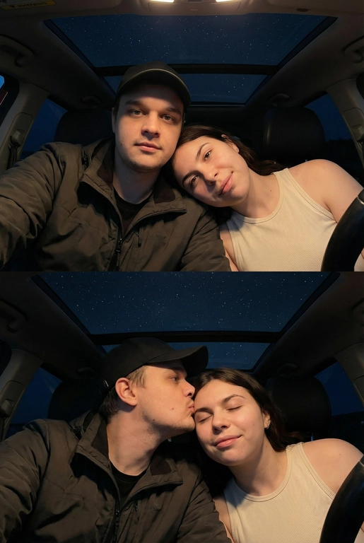 Создай вертикальный коллаж из двух фотографий в одном стиле.
Обе фотографии сняты внутри автомобиля, а через стеклянную крышу видно темное звёздное небо. Фото темное, снято на телефон, Атмосфера тёплая, уютная и романтичная. Фотографии должны быть реалистичными, с мягким освещением, естественными оттенками кожи и одинаковой цветокоррекцией на обеих частях коллажа.
Верхнее фото:
POV селфи: пара лежит рядом, крупный план. Мужчина в тёмной куртке и чёрной бейзболке смотрит в камеру. Женщина лежит, опираясь головой на его плечо, тоже смотрит в камеру. Мягкий свет на лицах, спокойные выражения.Акцент на лица.
Нижнее фото:
Та же композиция и ракурс. POV селфи: Мужчина нежно целует женщину в висок, женщина закрывает глаза с лёгкой улыбкой. Крупный план, фокус на эмоциях. Акцент на лица.
