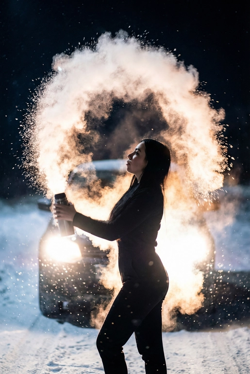 Создай портрет, не меняя черты лица. Эстетичный
женский силуэт в профиль на фоне ночного
снежного пейзажа. Девушка одета в стильный
черный комбинезон. Она в сильный мороз выливает
вверх полукругом в воздух кипяток, который,
замерзая в воздухе, образует красивую огромную
светящуюся дугу в воздухе. Контровой свет от фар
автомобиля сзади создает эффект ореола и
подсвечивает каждую снежинку и пар.
Атмосфера загадочная, холодная, высокая мода,
кинематографичное освещение, гиперреализм,