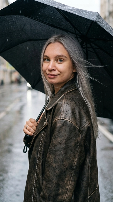 Создай фотореалистичный портрет, не меняя черты лица. Модель снята крупным планом, примерно от груди до макушки, корпус развёрнут полубоком к камере, плечо ближе к объективу, голова слегка повёрнута назад, взгляд прямо в камеру.

На модели тёмно-коричневая оверсайз кожаная куртка с винтажной потёртой фактурой и широким воротником. В одной руке держит большой раскрытый чёрный зонт, который лежит на плече и занимает часть фона за головой. На зонте и куртке заметны мелкие капли дождя.

Волосы ветер слегка развевает.

Пасмурный дождливый день. Городская улица на заднем плане сильно размыта, мокрый асфальт, мягкие отражения, падающие капли дождя. Мягкий естественный свет, малая глубина резкости, высокая детализация лица, волос, мокрой кожи куртки и капель воды, естественная текстура кожи, лёгкое плёночное зерно, фотореализм, без AI-глянца.