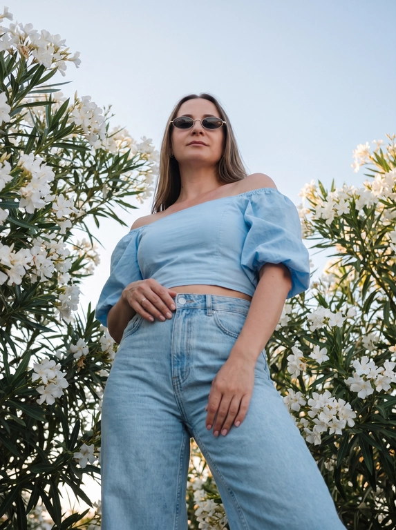 Фотореалистичная летняя fashion-съёмка женщины среди цветущих белых олеандров в средиземноморском стиле. Камера расположена очень низко, практически на уровне талии женщины, и направлена вверх под углом около 65 градусов. Выраженный low-angle shot. Женщина возвышается над камерой и занимает центральную часть кадра. Корпус слегка развёрнут в сторону. Одна рука расслабленно опущена вдоль тела и касается пояса, вторая рука свободно согнута перед собой в естественной fashion-позе. Голова слегка поднята вверх. Женщина смотрит поверх камеры уверенным расслабленным взглядом. Макияж в стиле clean girl aesthetic: натуральные брови, лёгкий контуринг. Женщину со всех сторон окружают густые ветви белого цветущего олеандра. Цветы и листья образуют естественную рамку вокруг модели. Большая часть верхней половины кадра заполнена чистым светло-голубым небом. Съёмка ведётся объективом 35mm. Естественное мягкое вечернее освещение перед закатом, без жёстких теней. Высокая детализация кожи, ткани, цветов и листвы. Кинематографичная обработка в стиле Mediterranean summer editorial, soft film look, Kodak Portra 400 color grading, пастельные голубые и кремовые оттенки, мягкий контраст, лёгкое плёночное зерно, effortless luxury aesthetic, vacation fashion photography, candid editorial style, ultra realistic details.

Какая будет одежда? : На ней укороченный голубой топ с открытыми плечами и объёмными короткими рукавами, светло-голубые широкие джинсы с высокой посадкой.

В очках или без?: На лице стильные узкие солнцезащитные очки овальной формы.