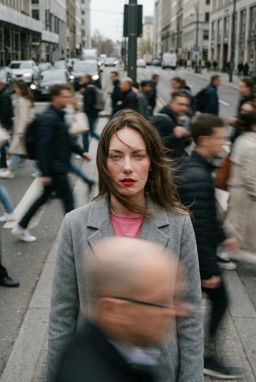   Кинематографичная фотография с эффектом смазанного движения, снятая на Leica SL3 с объективом 50mm Summilux при f/2.8, с фронтального ракурса на уровне груди, с использованием медленной выдержки и панорамирования. Ровный пасмурный дневной свет выступает как мягкий диффузор, позволяя создавать длинные шлейфы размытия без жёсткого контраста. Цветовая тональность — приглушённые бетонно-серые оттенки и нейтральные тона светлой кожи, вдохновлённые фильмами студии A24. Женщина с референса:  волосы застыли в полёте перед лицом, кожа с лёгким румянцем ловит тёплый свет, глаза пронзительно смотрят прямо в камеру, сохраняя неподвижность среди хаоса; губы подчеркнуты насыщенной вишнёво-красной помадой, создающей главный цветовой акцент, на ней сдержанный минималистичный образ. Сотни спешащих прохожих проносятся во всех направлениях, их тела вытянуты в плавные горизонтальные и диагональные размытия. Эмоция — тихий бунт через неподвижность. Эстетика — редакционный покой против хаоса. Постобработка: чистая физика движения, тонкое зерно, без глитчей, без искажений лица и деформаций анатомии. --ar 9:16 -- raw