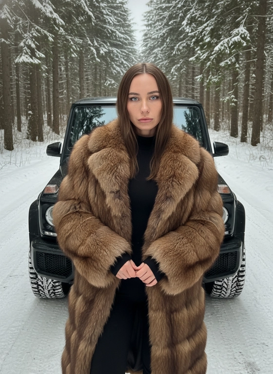 Создай, не меняя черты лица. Реалистичный снимок, высокая детализация лица, кадр на заснеженной лесной дороге при холодном мягком зимнем освещении, подчёркивающем контраст суровой природы и гламура.  
Портретная съёмка. Женщина стоит у машины, смотрит в камеру. На ней чёрный облегающий комбинезон с длинными рукавами и высоким горлом, длинная, объёмная, натуральная меховая шуба коричневого цвета с фактурой, руки перед собой. Свет и тени акцентируют линии тела и стройность позы, мощная машина на фоне сочетает индустриальную холодность с природной суровостью. Снег покрывает землю, создавая контраст тепла меха и мороза, придавая атмосфере таинственность и силу. Цвета — приглушённые тёмные и естественные с акцентом на чёрное и коричневое, как кадр из кинематографичного модного фотопроекта, фотореалистичное, высокая текстурная детализация, 4К. Лицо и черты лица сохранить на 100% как на оригинальном фото. Сзади автомобиль Mercedes‑Benz G 63 AMG