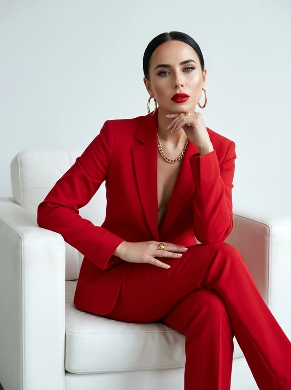 Фото выполнено в стиле Vogue, с высокой чёткостью и элегантной эстетикой высокой моды. Женщина сидит белом минималистичном кресле с прямыми широкими подлокотниками, низкой спинкой и мягкой кожаной обивкой, строгая геометричная форма, на светлом минималистичном фоне. Поза расслабленная, но уверенная и собранная: корпус слегка развёрнут в сторону, ноги элегантно скрещены, одна рука мягко лежит на колене, пальцы расслаблены, вторая рука согнута в локте, кисть поднята к лицу, подбородок опирается на тыльную сторону ладони. Взгляд прямой, сосредоточенный и уверенный, создающий ощущение силы и утончённости. Женщина развёрнута в 3/4.

На женщине костюм, состоящий из пиджака и брюк, с чистым классическим кроем. Пиджак сидит по фигуре, подчёркивая силуэт, и надет без рубашки или топа underneath, создавая дерзкий и современный fashion-образ. Брюки в тон пиджаку, элегантные и без лишнего объёма.

Из украшений — крупные золотые серьги-кольца, массивная золотая цепь на шее и крупное золотое кольцо, что добавляет роскоши и завершённости образу. Макияж выполнен в чистой гламурной эстетике: тонкие чёрные стрелки, длинные ресницы, выразительные брови, деликатный хайлайтер и насыщенная матовая красная помада.

Съёмка выполнена на профессиональную камеру с высокой детализацией, чтобы отчётливо читались текстура ткани, макияж, украшения и кожа. Освещение мягкое, направленное и чистое, подчёркивает лицо, губы и золотые аксессуары, создавая лёгкий объём и благородный контраст с минималистичным светлым фоном. Атмосфера дорогой студийной fashion-съёмки, сдержанной, элегантной и уверенной. Без надписей.


Какая будет прическа?: Волосы собраны в низкий пучок гладкий 

Какого цвета будет костюм?: Ярко-красный