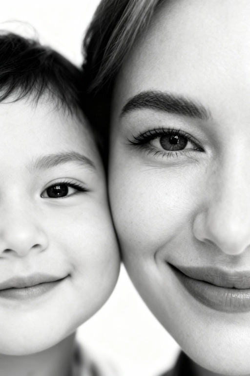 Сверхреалистичная черно-белая художественная фотография 8K женщины и ребенка, снятая очень крупным планом, щека к щеке так что видны только правая половина лица женщины и левая половина лица ребенка. которые смотрят в камеру. Их лица расположены рядом, почти соприкасаясь, образуя идеально сбалансированную симметричную композицию. Каждая деталь передана с фотографической точностью: тонкая текстура кожи и плавные градиенты света и тени. Видимая половина женщины включает ее бровь, один глаз , часть ее носа, щеку и губы, слегка приоткрытые в нежной, естественной улыбке, Видимая половина ребенка включает один глаз , круглую мягкую щеку, часть носа и небольшую улыбку, Фон белый и слегка размытый, что подчеркивает эмоциональную близость между ними. Освещение мягкое и рассеянное, создает деликатный контраст и тональную глубину. На снимке запечатлены нежность, близость и связь между матерью и ребенком, запечатленные с потрясающей реалистичностью. Не меняй черты лиц. 
