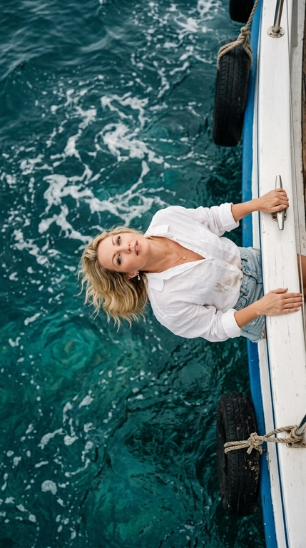 Use attached scheme as a layout reference. Top-down aerial shot, cinematic editorial photo. A character leans back over the white wooden edge of a boat, head tilted back toward deep teal sea water churning with white foam below. The character wears an oversized white linen shirt. Calm, dreamy expression, lips slightly parted, eyes looking up at the camera. The boat has a blue painted trim along the hull and black rubber tire fenders hanging on the side. Turquoise-emerald water fills most of the frame, with swirling foam patterns and soft ripples. Natural overcast daylight, soft diffused lighting, muted cinematic color grading with teal and warm skin tones, shallow depth of field on the water, high detail, photorealistic, shot on 35mm lens from directly above.