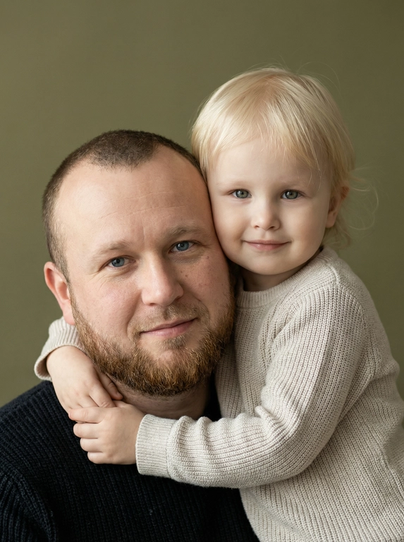 Создай портретный студийный кадр из фотосессии отца и его дочери для этих людей из присланных фото. Дочь нежно обнимает папу сзади, руки мягко сомкнуты на его груди, щекой слегка касается его головы. Оба смотрят прямо в камеру. Спокойные, тёплые, естественные эмоции, лёгкая улыбка.

Приглушенно-зеленый, почти хаки, минималистичный фон. Мягкий естественный рассеянный свет из окна, деликатные тени, акцент на лицах. Натуральная цветокоррекция, светлая чистая палитра, реалистичная текстура кожи без излишней ретуши.

Одежда — базовая и нейтральная: у отца тёмный трикотажный свитер, у дочери светлый вязаный свитер. Без принтов и логотипов.

Кадр — крупный или средний план, плотная композиция, ощущение близости и доверия. Профессиональная съёмка, 85mm lens, shallow depth of field, soft natural light, ultra realistic, high detail, family portrait photography.

