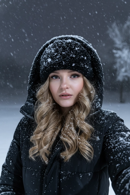 Селфи крупным планом, сделанное ночью на улице во время сильного снегопада. У женщины выразительные волосы и выразительные глаза, на ресницах и волосах которой лежат снежинки. На ней зимняя шапка из искусственного меха, почти полностью покрытая снегом, и пуховая куртка, припорошённая снегом на плечах и воротнике.
Освещение: мягкий холодный ночной свет сверху и немного спереди, создающий лёгкое свечение на щеках и лёгкие блики на куртке.
Поза: она держит камеру чуть ниже уровня глаз, уверенно снимая своё лицо снизу вверх; губы слегка приоткрыты, выражение лица спокойное, но выразительное. Фон: тёмное зимнее ночное небо, едва заметные ветви деревьев, слегка покрытые инеем, минимальная видимость для создания драматического настроения. Атмосфера: холодная, кинематографичная, с чистой зимней энергией; стильный современный снежный портрет с естественной текстурой и деталями. Шапка и куртка черного цвета.