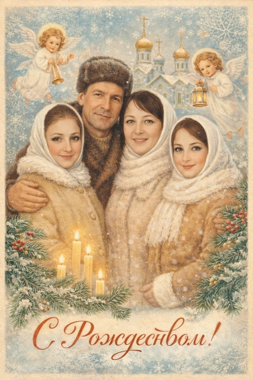 Создай винтажную рождественскую открытку со всеми людьми или одним человеком из предоставленных фотографий. Стиль - советские сказочные открытки 1950-1970-х годов, мягкая живописная иллюстрация, ощущение тепла и уюта. Композиция и формат: • Персонажи остаются в центре композиции • Фон - православная церковь, зимняя сказочная атмосфера Лица: • Лица сохранить максимально похожими на оригинальную фотографию (one-to-one likeness) • Без изменения черт лица, возраста и эмоций • Реалистичное сходство, аккуратная художественная стилизация без искажений. Одежда и образы: • Заменить современную одежду на старинную зимнюю советскую одежду. Если человек- женского пола , то добавь белый платок на голову. ⁠ Декор и детали:  • Хвойные ветки • ангелочки в сказочном стиле, церковные свечки • Лёгкий снег, морозные узоры Цвет и атмосфера: • Светлая, зимняя, мягкая цветовая палитра • Пастельные оттенки, эффект старой бумаги, легкое зерно • Сказочное, теплое новогоднее настроение  • Шрифт - изящный, рукописный, сказочный, в стиле советских открыток. Надпись: «С Рождеством!»