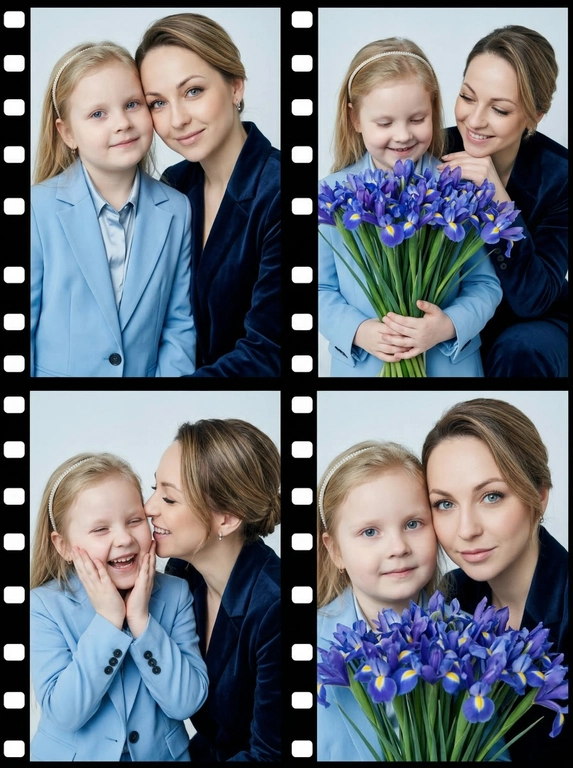 Фотореалистичный кинематографический коллаж в стиле фотобудки 2×2 из четырёх интимных портретов двух человек крупным планом, расположенных в бесшовной сетке 2×2, на каждом кадре показана разная поза и выражение лица.

Персонажи — это реальные люди с загруженной фотографии или фотографий. Использовать ТОЧНОЕ сходство лиц с реальными людьми с загруженного фото или фотографий:
узнаваемые черты лица, форма глаз, носа, губ, без изменения внешности, приоритет портретного сходства, с сохранением узнаваемости лиц, причёсок и пропорций.

Фотосессия к 8 марта. 
Создай трогательные кадры из профессиональной фотосессии в студии, где запечатлены моменты семейной близости двух людей. Сделай так, чтобы все они смотрелись гармонично и трогательно. Они одеты в дорогие костюмы. Освещение холодное. Фон светлый, бесшовный. Фото в стиле Энни Лейбовиц, четкий фокус. Они смотрят в камеру с мягкой улыбкой.

Какие будут цветы?:  У одного из персонажей в руках огромный букет ирисов.