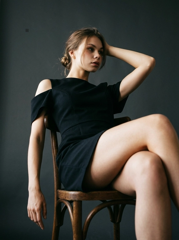 Минималистичная fashion-съемка в студии. Экстремально низкий ракурс, камера расположена значительно ниже уровня сиденья и направлена вверх. Очень близкий объектив создает выраженную перспективу: согнутое колено находится максимально близко к камере, занимает почти всю правую нижнюю часть кадра и выглядит значительно крупнее головы. Женщина сидит на простом деревянном стуле боком к камере. Правая нога согнута и подтянута почти к груди, левая остается опущенной и практически полностью выходит за пределы кадра. Корпус слегка отклонен назад и развернут в три четверти. Правая рука свободно свисает вниз через подлокотник стула, кисть полностью расслаблена, пальцы слегка согнуты. Левая рука заведена за голову, локоть поднят высоко вверх и уходит к верхнему краю кадра, ладонь лежит на затылке. Голова слегка повернута влево, подбородок немного приподнят, взгляд направлен далеко в сторону, мимо камеры, выражение лица спокойное, задумчивое и естественное. Кадр построен очень плотно: сверху остается минимальный запас над головой, нижняя часть тела почти полностью выходит из кадра, акцент полностью сосредоточен на лице, плечах, руках и перспективно увеличенном колене. Макияж soft editorial: сатиновая кожа, легкий контуринг, персиковый румянец, деликатный хайлайтер, нюдовые тени, длинные естественные ресницы, аккуратные брови, губы с легким сатиновым блеском. Один жесткий источник света расположен высоко слева под углом около 45°, формируя выразительные тени на лице, руках и одежде, противоположная сторона остается в глубокой мягкой тени. Однотонный темно-серый студийный фон без деталей. Обработка в стиле Modern Fashion Editorial: естественная цветопередача, умеренный контраст, subtle film grain, crisp focus, realistic skin texture, premium magazine photography.

Какая будет одежда?: На модели короткое структурированное мини-платье с чёткой посадкой, открытыми плечами и плотной тканью, которая держит форму. Образ выглядит как современная студийная fashion-съёмка.

Какая будет прическа?: Небрежный пучок с выбившимися прядями