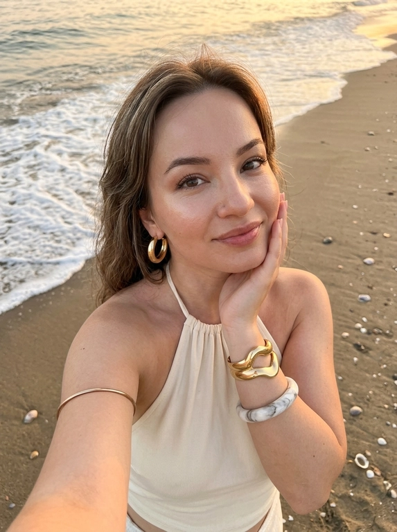 ultra realistic lifestyle beauty selfie photo of a woman standing on a sandy beach shoreline near the water, vertical composition shot from above with a smartphone held in one hand, camera angled downward creating a high perspective typical for handheld selfie photography, framing from chest upward. The woman slightly tilts her head upward toward the camera while her free hand gently touches the side of her face with fingers resting along the cheek and jawline, shoulders slightly angled creating a relaxed elegant pose. She is wearing a cream halter neck swimsuit or halter summer top with open shoulders and exposed collarbones. Accessories include large gold hoop earrings, a thick sculptural gold bracelet, a light marble-style bangle and a thin metallic arm bracelet placed above the elbow. Makeup soft glamorous beach style: luminous skin with warm sun glow, softly defined cheekbones with peach blush, clean sculpted brows, subtle winged eyeliner, long lashes and satin lips. Background shows wet beach sand with natural textures and a thin line of sea foam from a small wave approaching behind her, scattered small shells visible on the sand. Lighting natural sunset or golden hour coastal light coming from the side, warm highlights on skin and soft shadows around facial contours, shallow depth of field, realistic DSLR smartphone hybrid aesthetic, candid summer vacation mood