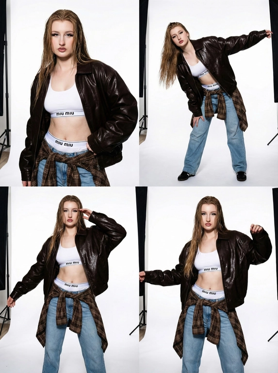     Фото 3:4. Коллаж из четырех фотографий молодой женщины с загруженной фотографии лицо не изменять 100% сходство в стиле high-fashion и streetwear. Она позирует в студии с жестким направленным светом. На ней надет белый спортивный топ-бра и трусы-боксеры с логотипом на резинке (стиль Miu Miu), светлые голубые джинсы свободного кроя и объемная темно-коричневая кожаная куртка из глянцевой кожи. На талии повязана коричневая клетчатая рубашка в стиле гранж. 
Детализация для нейросети 
• Внешность и поза: Модель с выразительными чертами лица, длинными волосами с эффектом «влажной укладки». Позы динамичные: взгляд в камеру, легкий наклон корпуса, руки в движении. 
• Одежда и текстуры: 
• Куртка: Оверсайз, темно-шоколадного цвета, с интенсивным виниловым или лакированным блеском. 
• Белье: Белый хлопковый трикотаж с минималистичным черным текстом по центру резинки. 
• Низ: Светло-голубой деним, классическая клетка «тартан» на рубашке (бежевый, коричневый, белый цвета). 
• Освещение и фон: Профессиональный студийный свет, создающий глубокие контрастные тени на белом фоне. Видны элементы студийного оборудования (стойка софтбокса) по краям кадра, что добавляет эстетику «backstage» или журнальной съемки. 
• Стиль съемки: Эстетика модных журналов 2000-х (Y2K) в современной интерпретации. Высокое разрешение, четкие текстуры кожи и ткани, эффект вспышки «в лоб».
3:4