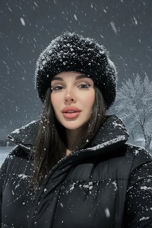 Селфи крупным планом, сделанное ночью на улице во время сильного снегопада. У женщины выразительные волосы и выразительные глаза, на ресницах и волосах которой лежат снежинки. На ней зимняя шапка из искусственного меха, почти полностью покрытая снегом, и пуховая куртка, припорошённая снегом на плечах и воротнике.
Освещение: мягкий холодный ночной свет сверху и немного спереди, создающий лёгкое свечение на щеках и лёгкие блики на куртке.
Поза: она держит камеру чуть ниже уровня глаз, уверенно снимая своё лицо снизу вверх; губы слегка приоткрыты, выражение лица спокойное, но выразительное. Фон: тёмное зимнее ночное небо, едва заметные ветви деревьев, слегка покрытые инеем, минимальная видимость для создания драматического настроения. Атмосфера: холодная, кинематографичная, с чистой зимней энергией; стильный современный снежный портрет с естественной текстурой и деталями. Шапка и куртка черного цвета.