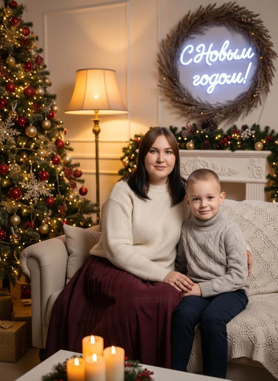 

Семейная праздничная фотография:
На фото 2-х человек.
Лицо не менять черты лица такие же как на фото исходном виде.
На фото эенщина, сын : мальчик около 7 лет.

Сидят на диване в тёплых светлых свитерах, мама в длинной юбке , сын в брюках тёмного цвета.
На заднем плане новогодняя декорация — ёлка с огоньками и венок с неоновой надписью «С Новым годом!», уютный интерьер с лампой и свечами.
