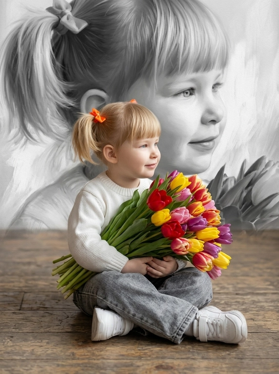 Создай портрет, не меняя черты лица, и превратите его в художественный портрет.
Ребенок сидит на полу в изящной позе, в белой кофте, мягких свободных серых джинсах и белых спортивных кроссовках. Ребенок держит в руках огромный букет ярких разноцветных тюльпанов.
Выражение лица — лёгкая улыбка, ребенок смотрит в сторону. 
Фон — тот же его профиль, в мягком крупном чёрно-белом художественном стиле, крупный план сбоку.
Композиция должна быть художественной, мягкой, реалистичной.
Создай изображение, которое выглядит как настоящая фотография. 
Не меняй черты лица.