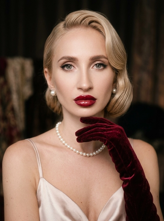 Фотореалистичная художественная fashion-фотография в винтажном стиле, эстетика old-money vintage fashion. Крупный портрет: кадрирование от верхушки головы до верхней части груди/ключиц, лицо занимает большую часть кадра. 
Описание человека: возьми загруженное фото за основу, сохрани лицо.
Образ и детали : классический ретро-glamour. Макияж: ровный фарфоровый тон, мягкие тёплые тени, подчёркнутые ресницы и подводка, выразительные брови; темно-красные губы с чётким контуром и глянцевым финишем. Аксессуары: жемчужные серьги-пусеты и короткое жемчужное ожерелье. На руках длинные темно-красные бархатные перчатки, одна рука поднята к лицу и лежит под подбородком/у линии челюсти, пальцы изящно согнуты. Одежда: светлое атласное/шелковое платье на тонких бретелях (видна верхняя часть), мягкий благородный блеск.
Свет и атмосфера: мягкий рассеянный свет как от окна или лампы с абажуром, тёпло-нейтральный оттенок, нежные тени, лёгкая подсветка скул и линии плеч. Выраженная плёночная дымка (soft haze), мягкое свечение по светам, деликатное зерно, чуть сниженный контраст, пастельная палитра кремовых и серо-оливковых тонов. Фон тёмный, не отвлекающий, с намёком на винтажные ткани и фактуры.
Фокус и детализация: мягкая глубина резкости — лицо и верх образа в фокусе, детали на переднем плане чуть мягче. Высокая детализация материалов (бархат, жемчуг, бархатные перчатки, ткань платья), естественная фактура, аккуратная ретушь без эффекта «пластика». Без текста, без логотипов, без водяных знаков.

Какая будет прическа?: Гладкая ретро-укладка с волной у лба и боковым пробором, аккуратные скульптурные пряди.