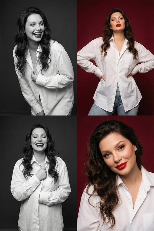 Коллаж из четырёх студийных портретов одной женщины, расположенных в сетке 2×2. Не меняй внешность, цвет и текстуру волос. Все кадры сняты в модном editorial-стиле. Образ — естественная красота, лёгкая небрежность, живые эмоции.
Женщина имеет естественный макияж с акцентом на красные губы. На ней белая очень свободная рубашка мужского кроя на несколько размеров больше, частично расстёгнутая, подчёркивающая линию декольте. В отдельных кадрах она слегка придерживает рубашку руками.
Эмоции и позы:
Верхний левый кадр — чёрно-белый, она наклоняется вперёд, смеётся, взгляд в сторону, живой момент.
Верхний правый — цветной, красный студийный фон, руки на бёдрах, уверенный фэшн-портрет. Снято с нижнего ракурса. Видно часть ее светлых джинс.
Нижний левый — чёрно-белый, она смеётся с закрытыми глазами, держит рубашку у груди, расслабленная поза.
Нижний правый — цветной, крупный портрет, легкая улыбка, слегка наклонила голову в сторону, тёплая улыбка, акцент на губах.
Фон: для цветных кадров — глубокий красный студийный фон, для чёрно-белых — нейтральный тёмный фон.
Освещение: мягкий студийный свет, подчёркивающий текстуру кожи, волосы и складки рубашки. Без жёстких теней.
Композиция: кадры слегка разные по ракурсу, создают ощущение живой съёмки backstage.
Стиль: fashion editorial, lifestyle, natural sexy, cinematic soft light, analog photo vibe, magazine photoshoot, ultra realistic, high detail, skin texture visible, 8k. Волосы распущены и уложены в объемную естественную укладку