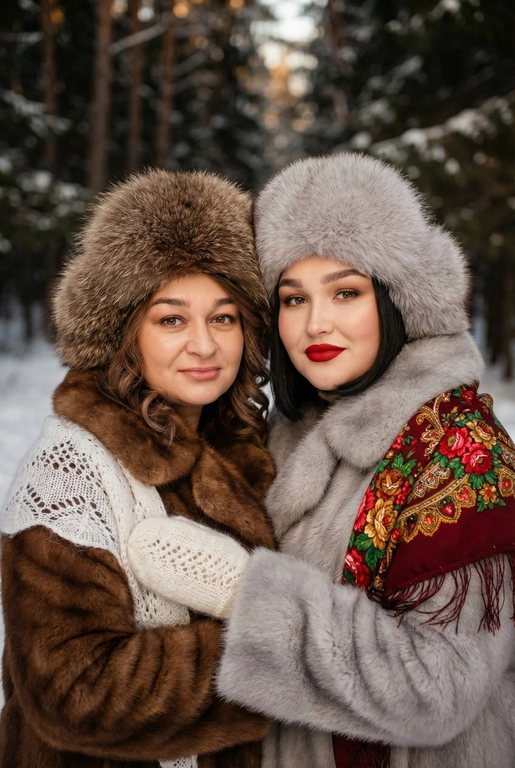 Создай кадр, который представляет собой теплый, уютный, слегка ностальгический зимний портрет в фэшн/фолк-стиле. Атмосфера спокойная, элегантная, дружеская близость двух моделей; сочетание высокой моды (мех, профессиональная ретушь) и фольклорной эстетики (вышитый шарф). Композиция и позирование: Форма кадра: портретный, вертикальный (соотношение примерно 3:4). Расположение: две женщины в центре кадра, тела и головы видны на груди; правая модель немного ближе к камере. Позы: девушки стоят близко друг к другу, левая модель слегка опирается на правую; плечи слегка повернуты к камере. Взаимодействие: мягкая улыбка, закрытое выражение лица, взгляд в камеру; дружелюбный, уверенный тон. Лица и макияж: Кожа: гладкая, естественная текстура, легкий эффект сияния. Глаза: аккуратные блики – оживляют взгляд; нейтральный/теплый макияж теней. Брови: естественная форма, слегка очерчены. Губы: у правой модели насыщенный матовый красный (центральный акцент), у левой – нежно-розовый нюдовый. Волосы: свободные пряди вокруг лица, несколько прядей с легкой волной для естественности. Шапки: большие пушистые меховые шапки с очень четко выраженной текстурой меха; справа – светло-серый мех, слева – коричневый мех. Форма: высокие, округлые, плотно сидят на голове, частично закрывают лоб – создают силуэт и рамку для лица. Верхняя одежда и текстуры: меховые пальто: густой натуральный мех у левой модели коричневый, у правой модели – светло-серый тон с видимым направлением волосков; богатая текстура и объем. У девушки справа на правом плече маленький платок с традиционным русским орнаментом – яркие цветы и листья, на фоне глубокого красного цвета с золотисто-терракотовыми, зелеными деталями; Тонкая бахрома ниспадает на ее плечо. У девушки слева на левом плече небольшой вязаный белый шарф с крупным ажурным узором, что добавляет контраста в текстуре и цвете. Окружение и фон: Лес: темные хвойные деревья, вертикальные силуэты стволов; снег на земле/вдали — размытый фон (боке).
