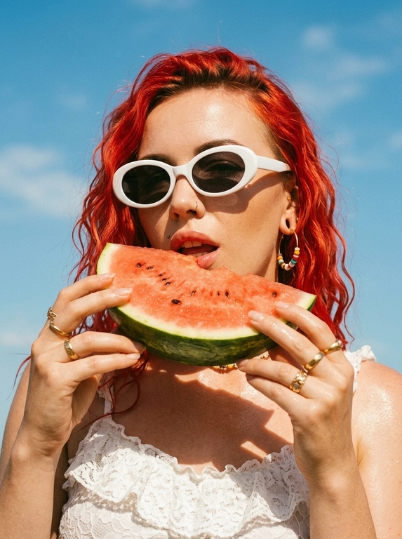 Фотореалистичный летний fashion-портрет, плёночная редакторская эстетика. Крупный план в 3/4, кадр по плечи и верх груди, камера чуть снизу, лицо в верхней части кадра на фоне неба, вертикальная ориентация. Женщина подносит крупный ярко-красный ломоть арбуза, который держит одной рукой у губ; губы слегка приоткрыты, голова чуть приподнята, взгляд в камеру, выражение чувственное, лёгкое летнее настроение. Образ: белый кружевной топ с рюшами на тонких бретелях, золотые серьги с цветными бусинами, тонкие золотые кольца. Кожа загорелая, сияющая, с лёгким влажным блеском на солнце; макияж естественный: ровный светящийся тон, выразительные брови, мягкие тени, глянцевые губы. Фон: ясное ярко-голубое летнее небо с лёгкими белыми облаками. Свет яркий прямой полуденный солнечный, тёплый, создаёт глянцевые блики на коже и сочные тени, ощущение знойного дня. Тёплая плёночная цветокоррекция, слегка винтажная и приглушённая, мелкое плёночное зерно, насыщенные тёплые тона, контраст голубого неба и тёплой кожи, мягкий контраст, глянцевый летний редакторский вайб.

Какая будет прическа?: Волосы уложены в пляжные локоны

Нужны ли на фото очки? : На глазах белые ретро-очки овальной формы