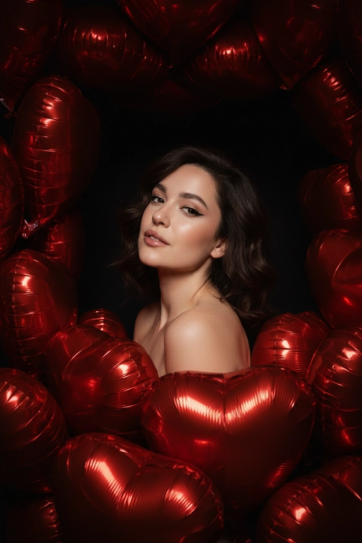 Использовать прикрепленное фото внешности человека. Ультрафотореалистичный портрет женщины в эстетике 14 февраля. Полная темнота, освещение от вспышки. Вертикальный кадр среднего плана. Композиция центрированная, модель плотно окружена множеством фольгированных красных воздушных шаров в форме сердца, которые формируют плотную визуальную рамку вокруг лица и плеч, частично перекрывают тело и располагаются как на переднем плане, так и за спиной. Фон тёмный. Плечи открыты, образ минималистичный, внимание сосредоточено на лице. Макияж: ровный тон кожи с естественной текстурой, черные стрелочки, тени с шимером, глянцевые губы, длинные ресницы. Голова немного наклонена вбок, кокетливое выражение лица. Профессиональное освещение.