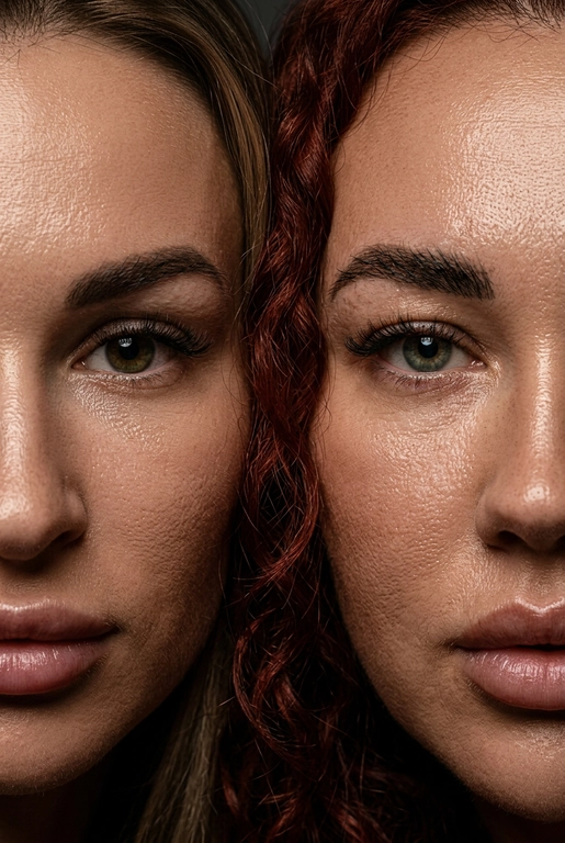 создай портрет, не меняя черты лица. Крупный план (extreme close-up) двух лиц людей, их лица прижатых друг к другу. Видны только половины каждого лица.
Драматичное освещение в стиле чиароскуро, глубокие тени.
Невероятная детализация кожи: видны поры, текстура, естественный блеск у женщины.
Выразительный взгляд прямо в камеру. Высокое разрешение, макросъемка, профессиональное студийное фото, 8K.
