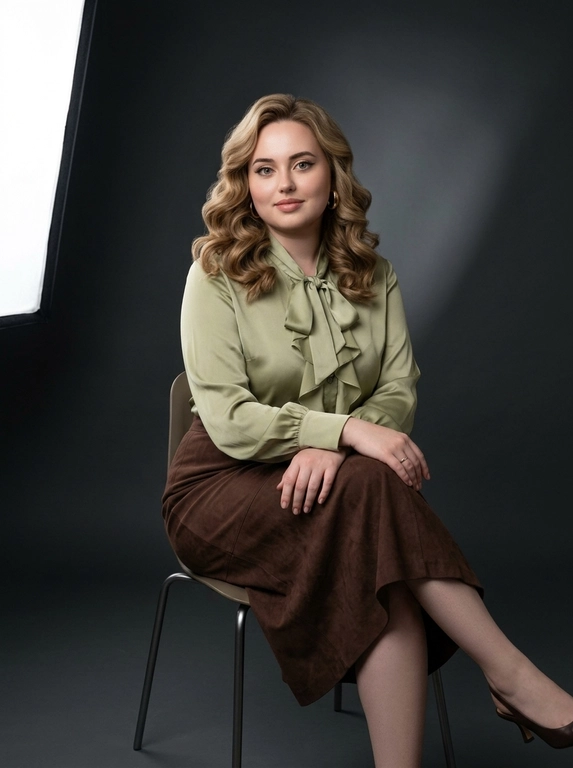 Создай фотореалистичный студийный editorial-портрет в стиле минималистичного глянцевого журнала. Образ — элегантный, уверенный, sophisticated, с атмосферой timeless elegance. 

Кадр — 3/4 роста, от макушки до середины голени. Камера расположена немного выше уровня глаз, с мягким естественным углом. Модель сидит на стуле с тонкими металлическими ножками темно-графитового цвета. Тело слегка развернуто вправо, голова повернута к камере. Корпус немного подан вперед, осанка уверенная и расслабленная. Ноги скрещены в элегантной позе, руки мягко сложены и лежат на верхней ноге. Взгляд прямой, уверенный, теплый, с едва заметной полуулыбкой.

На модели ее образ выглядит свежо, спокойно и элегантно.  Образ дополняют золотые серьги-кольца, тонкое серебряное кольцо. 

Макияж естественный и элегантный: ухоженные брови, легкая тушь, коричнево-бежевые тени, розовая помада, легкий румянец.

Фон — чистый студийный задник глубокого темно-серого антрацитового оттенка, с мягким градиентом и легкой рассеянной тенью от модели. Освещение профессиональное студийное: большой мягкий источник света слева спереди, мягкий заполняющий свет справа и легкий контровой свет сзади, подчеркивающий объем волос. Средний контраст, мягкие переходы теней, реалистичная детализация кожи, волос и ткани. Кадр должен выглядеть как дорогой editorial-портрет для модного журнала: чисто, минималистично, реалистично, без лишней ретуши.

Какая будет прическа?: Волосы объемные, мягко уложенные, с крупными свободными волнами и легкой живой текстурой. 

Выберите образ: Блузка из нежно-зеленого (оливкового) шелка или шифона с бантом на шее, длинными пышными рукавами с воланами на манжетах и декоративными оборками на груди. Юбка миди с высокой талией темно-шоколадного цвета из плотной ткани или замши. Частично видна туфля темно-коричневая на небольшом каблуке-рюмочке.