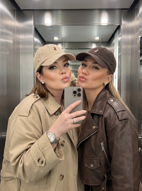 Не меняя черты лица людей с добавленного фото. Ультра-реалистичное фото в зеркало на смартфон iPhone 16 Pro Max, цвета титан, двух женщин, позирующих близко друг к другу в современном лифте. Две женщины, стоящие плечом к плечу, лица очень близко к камере, обе делают игривые выражения губами в виде поцелуя. Женщина слева: бежевого цвета бейсболка Ralph Lauren с маленьким вышитым логотипом поло, oversized бежевый тренч-жакет с большими пуговицами и широкими рукавами, серёжки-гвоздики с бриллиантами, на запястье серебряные часы с большим циферблатом, на пальце кольцо из страз в виде дорожки, макияж: хайлайтер, ресницы лисий эффект. Женщина справа: тёмно-коричневая бейсболка Ralph Lauren с вышитым логотипом, oversized шоколадно-коричневая укороченная кожаная куртка с серебряной фурнитурой и погонами на плечах, серёжки-гвоздики с бриллиантами, мягкий глэм-макияж с выраженными скулами, подводкой для глаз и глянцевыми губами. Поза и композиция: обе женщины слегка наклоняют головы друг к другу.Окружение: современный просторный лифт. Освещение: мягкое внутреннее освещение, равномерно освещающее лица.Фото в зеркало на iPhone 16 Pro Max в стиле высокой реалистичности.