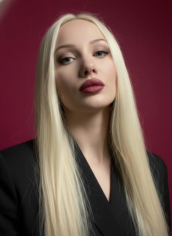 Создай портрет, используя те же черты лица (на основе загруженного фото), характеризующийся резким кинематографическим освещением и интенсивным контрастом. Снятый с немного нижнего ракурса, направленного вверх, что подчеркивает линию подбородка и шеи модели, этот портрет производит впечатление доминантности и скульптурной элегантности. Фон — глубокий, насыщенный малиново-красный, создающий яркий визуальный контраст со сияющей кожей модели и темной одеждой.