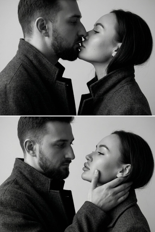 Не меняй внешность. Фотография представляет собой диптих (двойное изображение), выполненный в черно-белой гамме, который запечатлел пару в двух последовательных, нежных моментах. Общий стиль снимка — минималистичный и драматичный.
Верхний Кадр: Поцелуй
• Действие: Пара запечатлена в момент поцелуя.
• Мужчина: Слева, в профиль. Он одет в темное пальто или пиджак с высоким воротником. Его губы соприкасаются с губами женщины.
• Женщина: Справа, в профиль, с приподнятым подбородком, чтобы дотянуться до мужчины. У нее тонкие, изящные черты лица. Она одета в похожее темное пальто с воротником-стойкой.
• Эмоция: Кадр передает интимность и сосредоточенность на моменте соприкосновения.
Нижний Кадр: Нежность и Взгляд
• Действие: Мужчина и женщина смотрят друг на друга (или почти смотрят) на очень близком расстоянии.
• Мужчина: Слева, в профиль. Выражение его лица более серьезное и задумчивое. Он смотрит прямо на женщину.
• Женщина: Справа. Ее голова немного запрокинута, а глаза почти закрыты, что придает моменту большую чувственность.
• Взаимодействие: Рука мужчины (похоже, его правая рука) нежно поддерживает ее лицо сбоку, держа ее за челюсть/подбородок. Это движение подчеркивает заботу и глубокую эмоциональную связь между ними.
Общий Стиль и Композиция
• Цвет: Использование черно-белой палитры исключает отвлекающие цвета и усиливает драматизм, фокусируя внимание зрителя на контурах, текстурах и эмоциях.
• Одежда: Оба одеты в простые, темные вещи, которые гармонируют с общим настроением снимка.
• Фон: Однотонный, нейтральный, светлый фон (возможно, белая или светло-серая студийная стена), который создает сильный контраст с темной одеждой пары.
• Композиция: Диптих, разделенный горизонтальной линией, показывает два мгновения близости, создавая историю или последовательность.
Снимок производит впечатление элегантной, высококлассной модной или арт-фотографии, посвященной теме глубокой, серьезной любви и страсти.