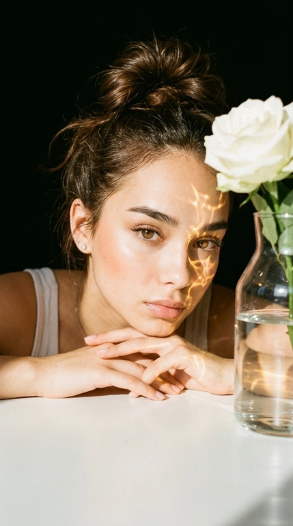 Фотореалистичный художественный beauty-портрет, вертикальный формат 9:16. Девушка лежит за белой гладкой столешницей, голова повернута в 3/4 и мягко опущена набок, глаза открыты и смотрят прямо в объектив; подбородок касается сложенных одна на другую ладоней, обе руки лежат перед лицом, пальцы расслаблены и естественно переплетены. Волосы собраны в небрежный объёмный пучок с выбившимися прядями. На ней простой светлый топ с тонкими бретелями, небольшие серьги-гвоздики. Макияж soft nude: сияющая сатиновая кожа, мягкий бежево-персиковый румянец, натуральные брови, лёгкие тёплые тени, тонкая коричневая стрелка, ресницы с эффектом wispy cat-eye, губы приглушённо розово-бежевые с блеском. Справа на переднем плане прозрачная стеклянная ваза с водой и белой розой в ней; свет проходит через стекло и воду и создаёт на лице, веках, радужке глаз, руках и столе тонкие волнообразные водные каустики. Переливчатые световые узоры обязательно проходят по обоим глазам и красиво подсвечивают радужку и ресницы, создавая живые светящиеся блики, но глаза остаются хорошо читаемыми и резкими. Фон почти полностью чёрный, глубокий и минималистичный. Камера расположена очень низко, почти на уровне столешницы, близко к девушке и немного сбоку; лицо слева в кадре, стеклянный сосуд крупно занимает правую переднюю часть. Жёсткий тёплый солнечный свет сбоку, глубокие чёрные тени, яркие золотистые каустики на коже и глазах, естественные отражения в стекле. Full-frame, 50mm f/1.8, ISO 100, 1/500s, фокус на глазах и световых узорах, малая глубина резкости. Грубоватый скан старой цветной плёнки: крупное видимое зерно, мягкая резкость, глубокие чёрные провалы, приглушённая тёплая кожа, кремово-белый свет, без цифрового глянца, authentic analog film, artistic light study, premium beauty photography, ultra realistic.