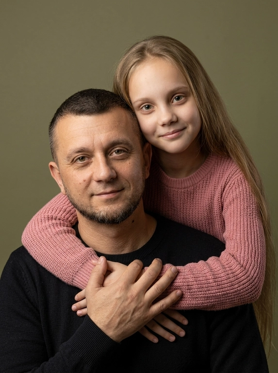 Создай портретный студийный кадр из фотосессии отца и его дочери для этих людей из присланных фото. Дочь нежно обнимает папу сзади, руки мягко сомкнуты на его груди, щекой слегка касается его головы. Оба смотрят прямо в камеру. Спокойные, тёплые, естественные эмоции, лёгкая улыбка.

Приглушенно-зеленый, почти хаки, минималистичный фон. Мягкий естественный рассеянный свет из окна, деликатные тени, акцент на лицах. Натуральная цветокоррекция, светлая чистая палитра, реалистичная текстура кожи без излишней ретуши.

Одежда — базовая и нейтральная: у отца тёмный трикотажный свитер, у дочери светлый вязаный свитер. Без принтов и логотипов.

Кадр — крупный или средний план, плотная композиция, ощущение близости и доверия. Профессиональная съёмка, 85mm lens, shallow depth of field, soft natural light, ultra realistic, high detail, family portrait photography.

Доп. характеристики: На девочке надет розовый свитер