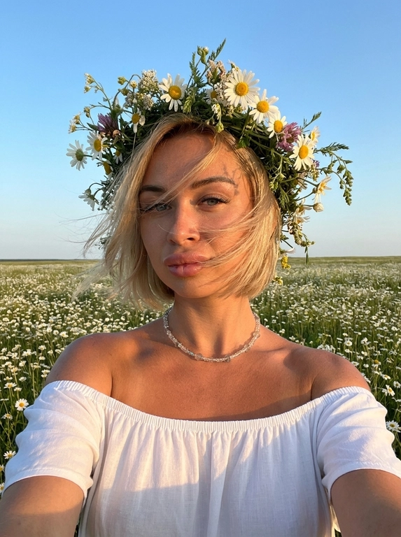 Женщина делает селфи. На ней белое легкое платье с открытыми плечами, лёгкое хлопковое  платье. Кожа загорелая. У нее на голове объёмные цветочные венки из мелких полевых ромашек . Венки должны быть пышные, натуральные, свежие, как летний flower crown. Цветы расположены вокруг головы, без искусственного вида.
Её волосы развиваются от ветра слегка падая на лицо.
Фон: летнее поле с ромашками. Открытое небо без облаков слегка голубое.
Не размывай фон. Голова слегка наклонена к плечу.
Рук в кадре нет.
Горизонт прямой , волосы сильно развиваются от ветра. Солнечная погода в золотой час.

Доп. характеристики: Цвет волос блондинка,волосы каре