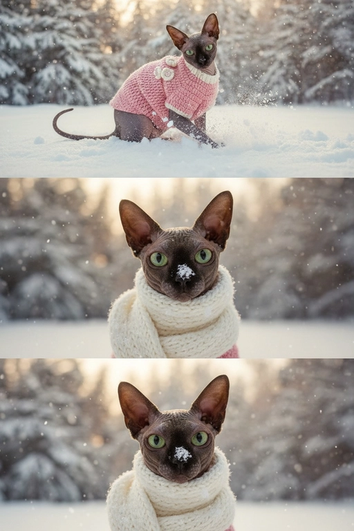     Коллаж из 3-Х фото моего питомца на зимнем фоне в снегу. Питомец в вязаном шарфе, вокруг падает снег, на заднем плане заснеженный лес.

Первый кадр — питомец в полный рост. Он играется со снегом 

Второй кадр — крупный план, увеличенный кадр мордочки питомца с одной снежинкой на носике. Мордочка питомца занимает весь кадр, взгляд прямо в камеру 
 
Третий кадр - портрет питомца, он смотрит в левую сторону. На фото виден шарф, на шарфу есть снежинки 

Три кадра объединены в вертикальный коллаж в едином тоне и свете. Атмосфера — реалистичная, теплая и немного кинематографичная.
Свет мягкий, утренний.  Цвет шарфа - белый