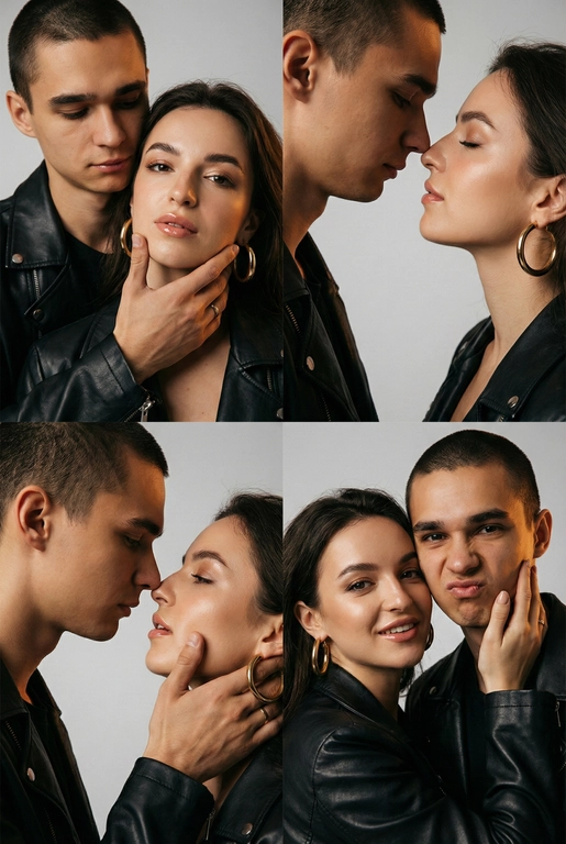 Фотореалистичный кинематографический коллаж в стиле фотобудки 2×2 из четырёх интимных портретов стильной пары крупным планом, расположенных в бесшовной сетке 2×2, на каждом кадре показана разная поза и выражение лица. Лица не меняются.  
  
Вверху слева — крупный план головы и плеч, мужчина нежно обнимает подбородок женщины; вверху справа — интимный профиль «нос к носу»; внизу слева — почти поцелуй с приоткрытыми губами и лёгким касанием щеки пальцами; внизу справа — игривый спонтанный снимок, где женщина смотрит в камеру, а мужчина корчит смешную рожицу.  
  
Обе модели модные и гламурные, тёплый загар с реалистичными бликами, естественная зернистость плёнки и тонкая текстура кожи. Женщина с золотыми серьгами‑кольцами, безупречным гламурным макияжем и блестящими губами; они оба в лёгких черных кожаных куртках; видны ювелирные украшения и фактурные ткани.  
  
Студийный бесшовный светло‑серый фон, мягкий равномерный ключевой свет спереди слева, тёплый вольфрамовый контурный свет справа для разделения, мягкие направленные тени для глубины. Кинематографическая атмосферная цветокоррекция с тёплыми бликами и нейтральными глубокими тенями, эстетика редакционного журнала. Сверхдетализированные пряди волос, реалистичные ресницы и брови, резкие отражения металла и ткани, правдоподобная ретушь журнального уровня, но при этом естественная.