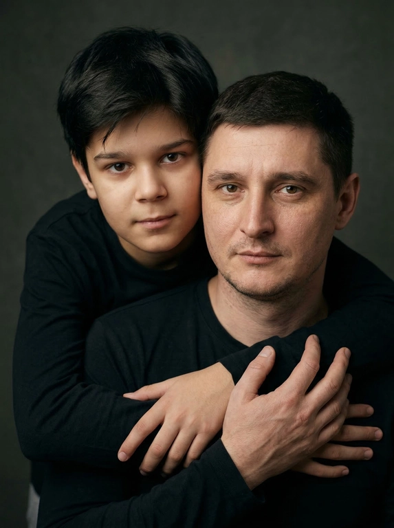 Создай портретный студийный кадр из фотосессии отца и сына. Сын обнимает отца сзади, лежа подбородком на его плече, руки мягко сомкнуты на груди мужчины. Оба смотрят прямо в камеру. Естественные спокойные эмоции, лёгкая серьёзность во взгляде.
Одежда — однотонные чёрные лонгсливы или свитера без принтов. Тёмный нейтральный фон (глубокий серо-оливковый или графитовый). Мягкий направленный студийный свет с лёгкой теневой глубиной, акцент на лицах, тёплая естественная цветокоррекция, высокая детализация кожи, натуральная текстура без излишней ретуши.
Кадр — крупный или средний план, плотная композиция, лица расположены близко друг к другу. Атмосфера — тёплая, камерная, эмоциональная, ощущение близости и доверия. Профессиональная съёмка, 85mm lens, shallow depth of field, cinematic portrait, ultra realistic.