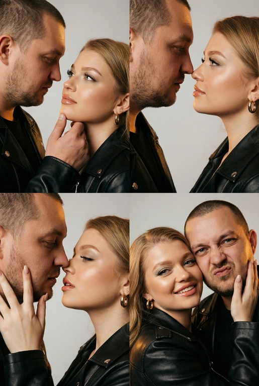 Фотореалистичный кинематографический коллаж в стиле фотобудки 2×2 из четырёх интимных портретов стильной пары крупным планом, расположенных в бесшовной сетке 2×2, на каждом кадре показана разная поза и выражение лица. Лица не меняются.  
  
Вверху слева — крупный план головы и плеч, мужчина нежно обнимает подбородок женщины; вверху справа — интимный профиль «нос к носу»; внизу слева — почти поцелуй с приоткрытыми губами и лёгким касанием щеки пальцами; внизу справа — игривый спонтанный снимок, где женщина смотрит в камеру, а мужчина корчит смешную рожицу.  
  
Обе модели модные и гламурные, тёплый загар с реалистичными бликами, естественная зернистость плёнки и тонкая текстура кожи. Женщина с золотыми серьгами‑кольцами, безупречным гламурным макияжем и блестящими губами; они оба в лёгких черных кожаных куртках; видны ювелирные украшения и фактурные ткани.  
  
Студийный бесшовный светло‑серый фон, мягкий равномерный ключевой свет спереди слева, тёплый вольфрамовый контурный свет справа для разделения, мягкие направленные тени для глубины. Кинематографическая атмосферная цветокоррекция с тёплыми бликами и нейтральными глубокими тенями, эстетика редакционного журнала. Сверхдетализированные пряди волос, реалистичные ресницы и брови, резкие отражения металла и ткани, правдоподобная ретушь журнального уровня, но при этом естественная.