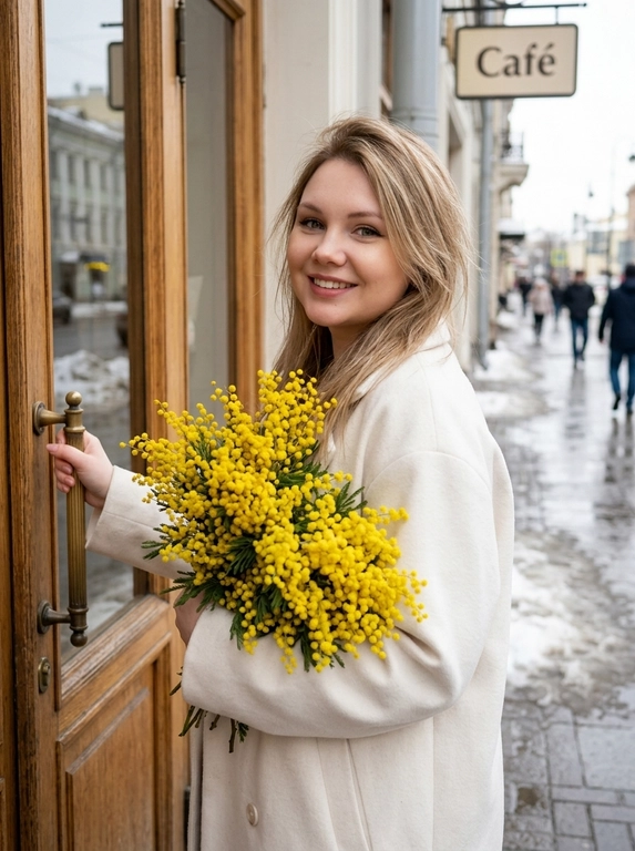 Сохранить черты лица и внешность, возраст, натуральный тон без ретуши. Средне-крупный план (от талии вверх), камера слева от женщины, лицо занимает не менее 35% кадра. Женщина стоит у входа в городское кафе с деревянной дверью и стеклянными вставками, корпус слегка развернут в 3/4 к камере. Лицом к двери, одной рукой держит ручку закрытой двери, другой прижимает к груди огромный пышный букет ярко-жёлтой мимозы. На ней элегантное светлое пальто (молочный оттенок), свободный крой. Волосы как на исходном фото слегка взъерошены ветром Мягкое выражение лица, лёгкая улыбка, взгляд в камеру. Атмосфера начала весны: тающий снег по краям улицы, влажный асфальт, мягкий рассеянный дневной свет, лёгкая прохлада в воздухе. Цветовая палитра нейтральная с ярким акцентом жёлтой мимозы. Фотореализм, натуральная текстура ткани и цветов, без HDR, без пластика, мягкий контраст, 35mm look.