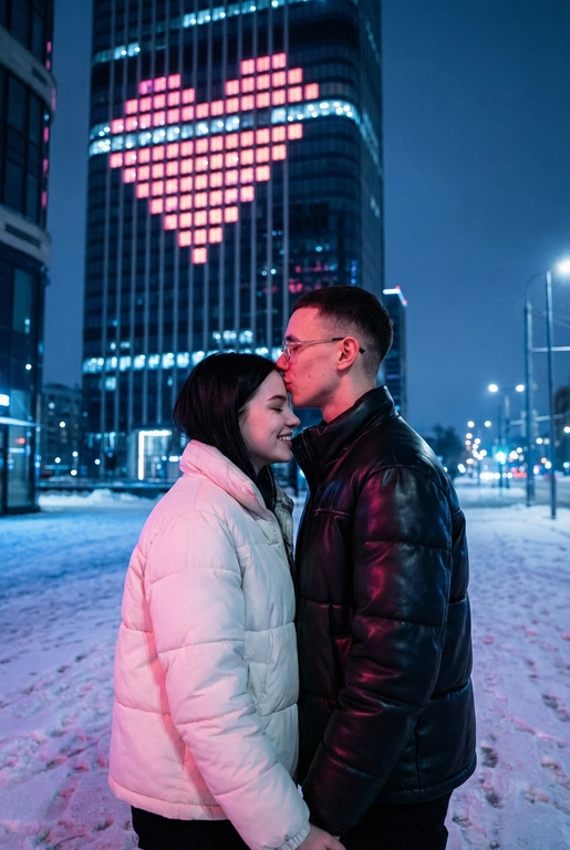  Создай не меняя черты лица. Романтический снимок пары, стоящей на заснеженной городской улице поздним вечером. Главный объект – крупный план пары: мужчина в черной кожаной дутой зимней куртке нежно целует женщину в белой дутой куртке в лоб, она стоит с прикрытыми глазами, улыбаясь. За ними возвышается массивный современный жилой небоскреб, на фасаде которого окна на нескольких этажах подсвечены ярким  светом, формируя огромное пиксельное сердце. Освещение драматичное, контрастное, с преобладанием холодных тонов в небе и тёплого, неонового розового свечения от здания. Снег на земле отражает свет. Урбанистическая, зимняя, кинематографическая фотография, атмосферный кадр.