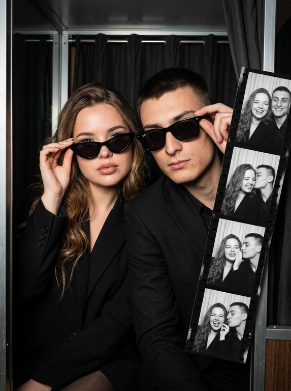 Крупный план (close-up) эффектной пары — женщины и  мужчины (не меняй лица), позирующих внутри тесной винтажной фотокабины. Они сидят вплотную друг к другу, создавая атмосферу ночного города, свидания или светской вечеринки. Композиция плотная и динамичная.

Одежда и стиль:
*   Женщина (слева): В классическом черном пиджаке. Одной рукой она кокетливо поправляет свои черные солнцезащитные очки. У нее безупречный вечерний макияж с влажным блеском на губах.
*   Мужчина (справа): Он одет в строгий черный пиджак, на нем также надеты классические черные солнцезащитные очки (Wayfarer или авиаторы), которые он слегка придерживает рукой.
*   Образ пары выдержан в едином стиле «Total Black» и эстетике «Old Money» или «Secret Agent».

Окружение и детали:
Действие происходит внутри аутентичной фотокабины. Справа на переднем плане видна свисающая длинная лента готовых черно-белых фотоснимков (photobooth film strip), на которых запечатлена эта же пара в разных позах. Фон темный, с тяжелыми складками занавески, что подчеркивает интимность момента.

Стиль и освещение:
Освещение имитирует резкую вспышку фотокабины — яркий фронтальный свет, создающий глубокие тени и подчеркивающий текстуру кожи и блеск аксессуаров. Цветовая палитра приглушенная, монохромная с теплыми телесными оттенками. Атмосфера «Nightlife Luxury».

Высочайшая детализация, акцент на блики в очках и текстуру ткани пиджаков, реалистичные черты лиц, кинематографичное качество, гиперреализм, 8k.